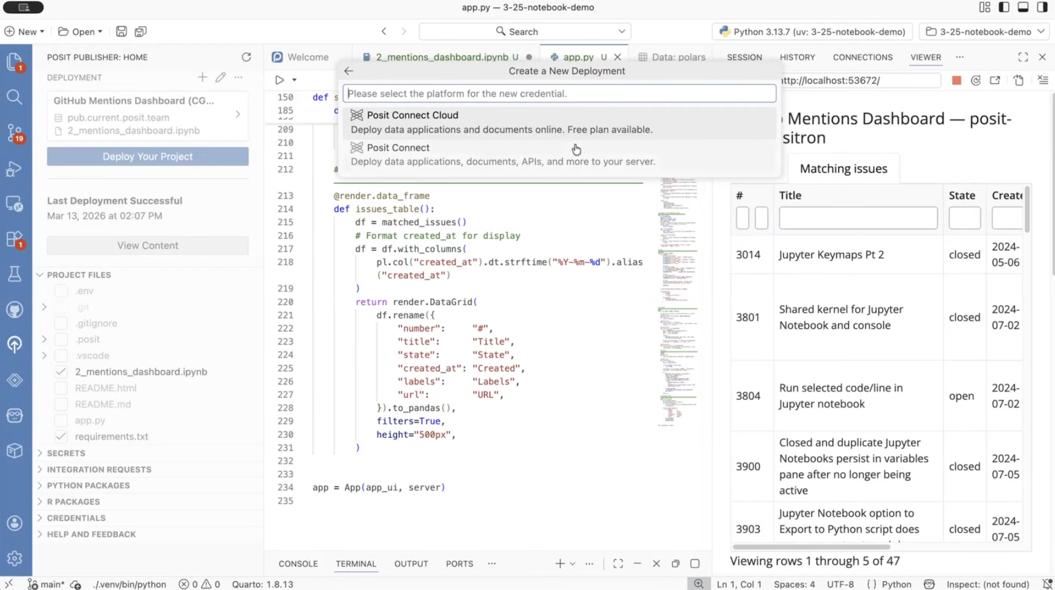 Posit Connect Publisher extension in Positron sidebar showing deployment configuration for a Shiny app