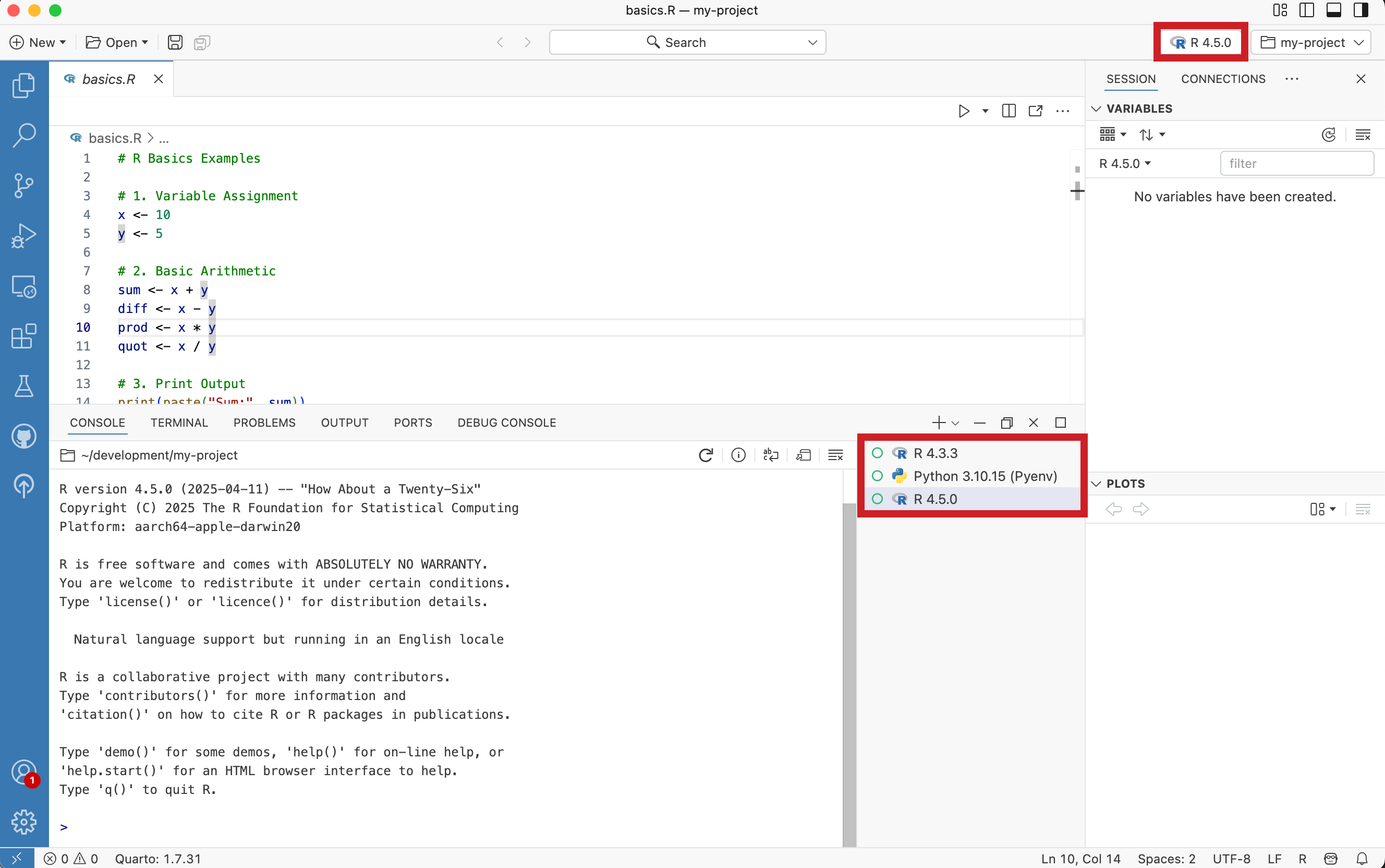 Positron IDE showing the active interpreter session R 4.5.0 highlighted in the interpreter picker and Console pane list with multiple interpreter options visible.
