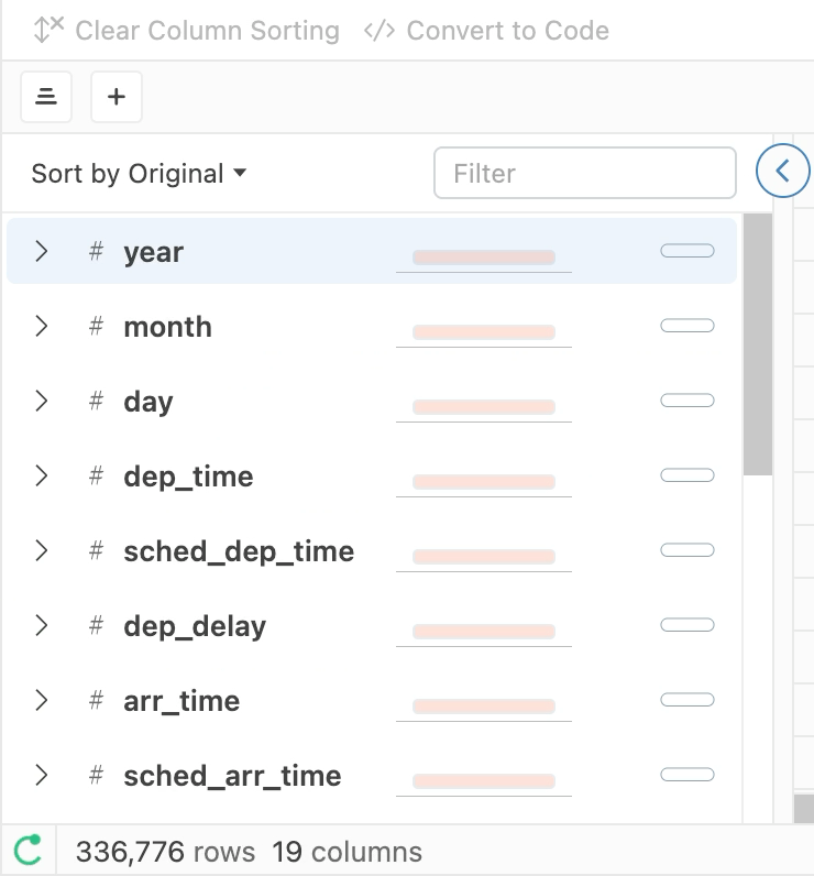 Summary panel showing flight data with columns like year, month, and day. A red progress bar loading indicator next to the column names shows the loading state. In the bottom status bar, a green loading indicator icon shows the loading status.