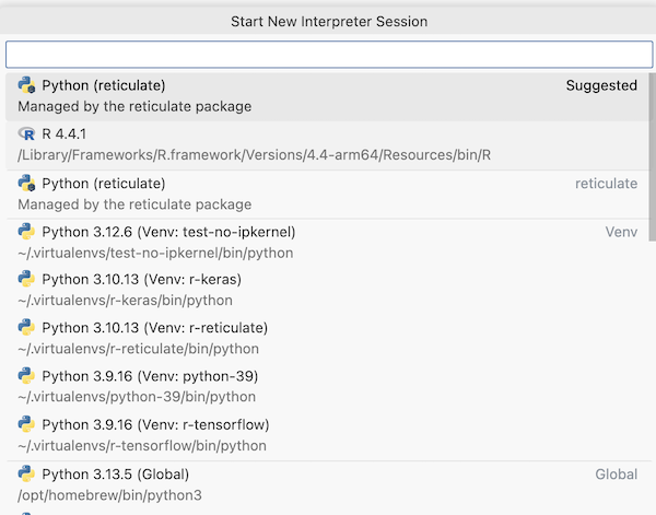 Start New Interpreter Session dialog showing Python (reticulate) as suggested option, along with R and various Python virtual environments.