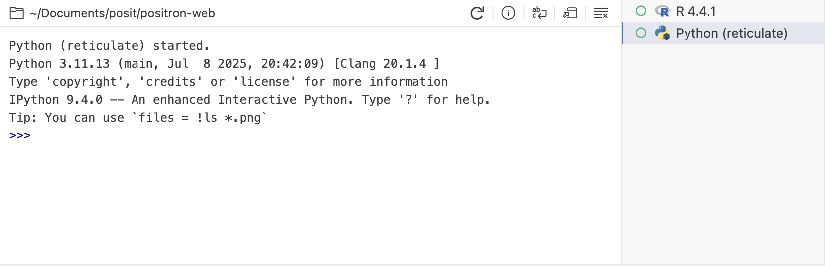 Console showing Python (reticulate) started with version info, alongside interpreter list showing both R 4.4.1 and Python (reticulate) sessions.
