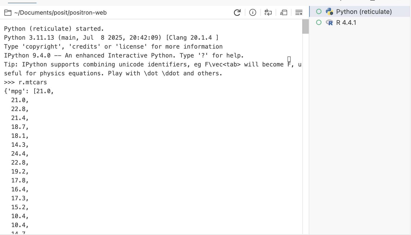 Python console showing r.mtcars output displaying the mpg column values from the R mtcars dataset accessed via reticulate.