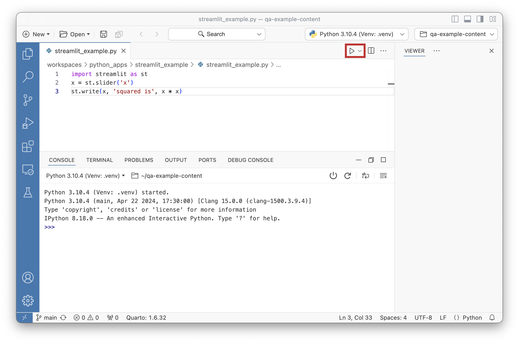 Editor action bar with the Play button highlighted in a red box, showing a Python Streamlit file open in the Editor.