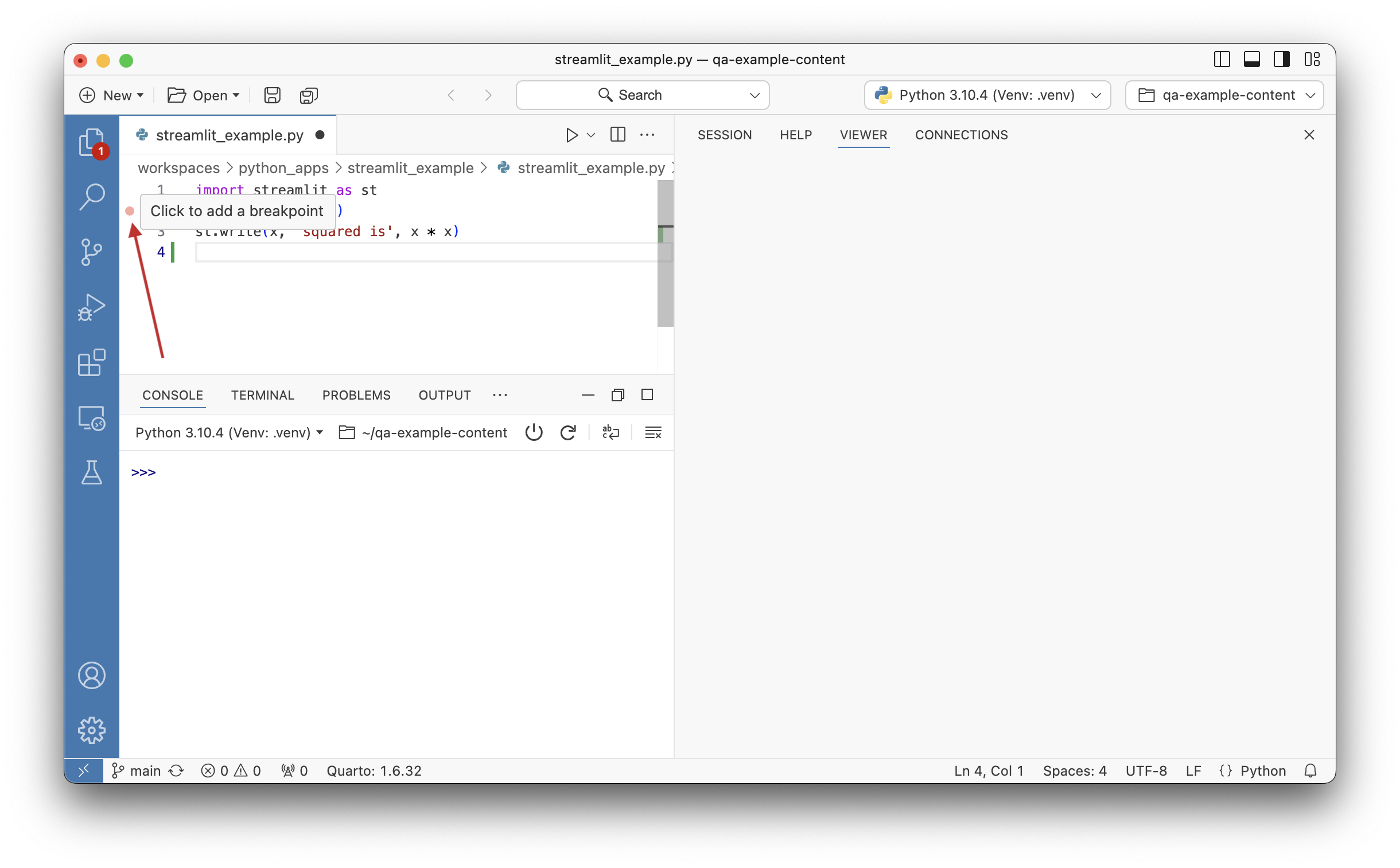 Editor showing a red breakpoint dot in the left margin next to a line of Python code.