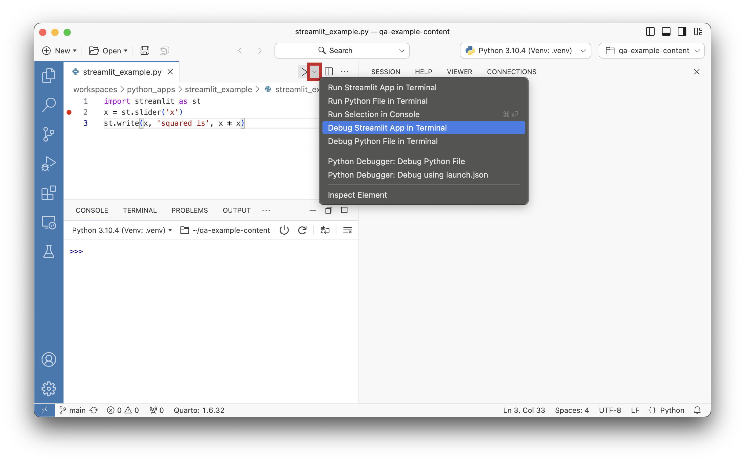 Play button dropdown menu showing options including Run Streamlit App in Terminal and Debug Streamlit App in Terminal.