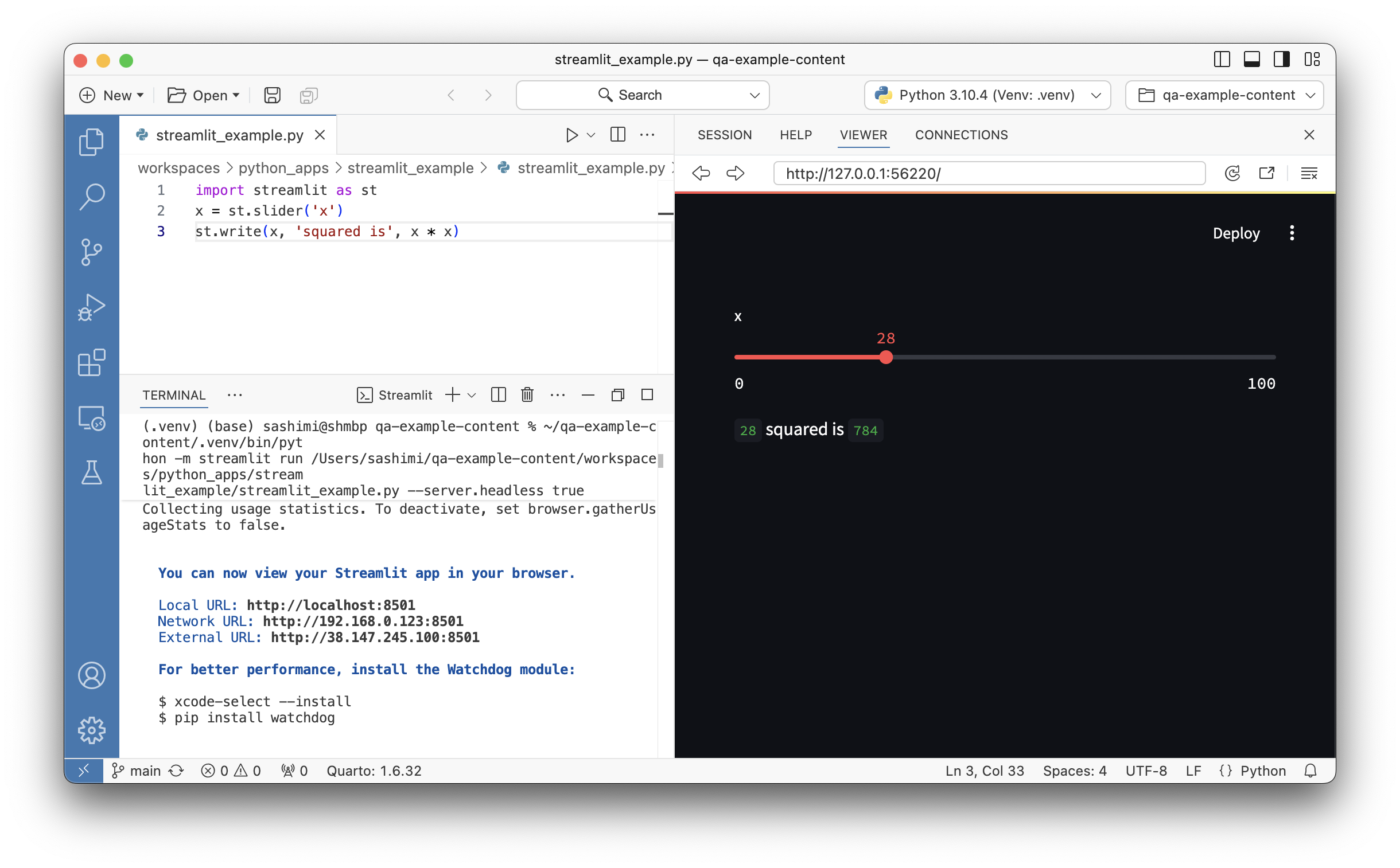 Streamlit app running in the Positron Viewer pane showing a slider input and squared value output.